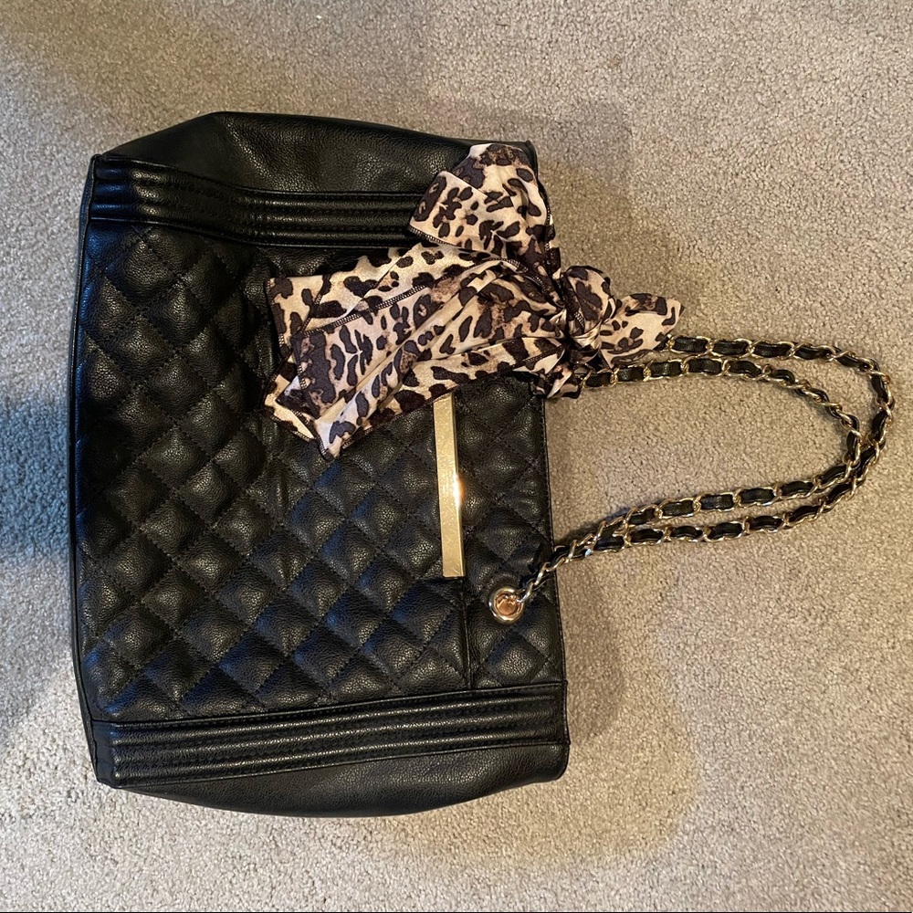 Black faux leather shoulder bag. With a silk scarf. Used once.